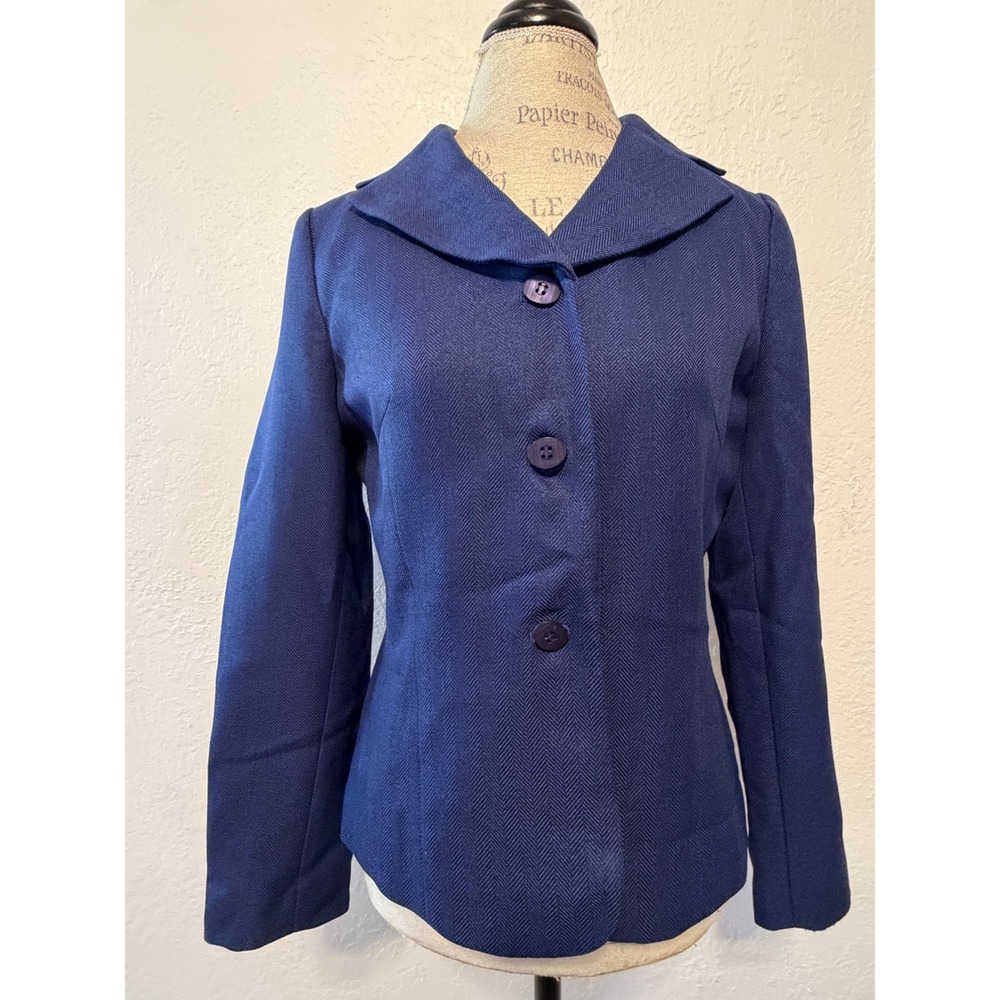 Le Suit Navy Blue Herringbone Portrait Collar Blazer Jacket Size 8